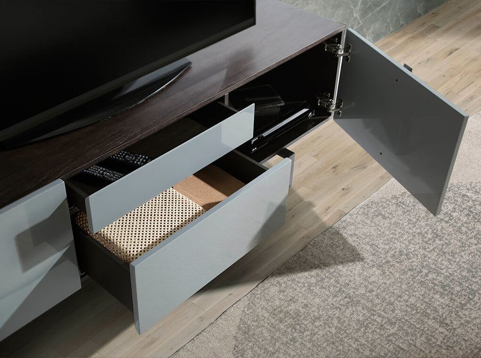 Meuble TV 2 portes 2 tiroirs bois plaqué chêne gris Pina - Photo n°7