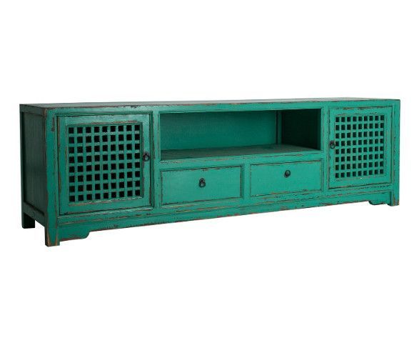 Meuble TV 2 portes 2 tiroirs pin massif recyclé turquoise Arjun - Photo n°2