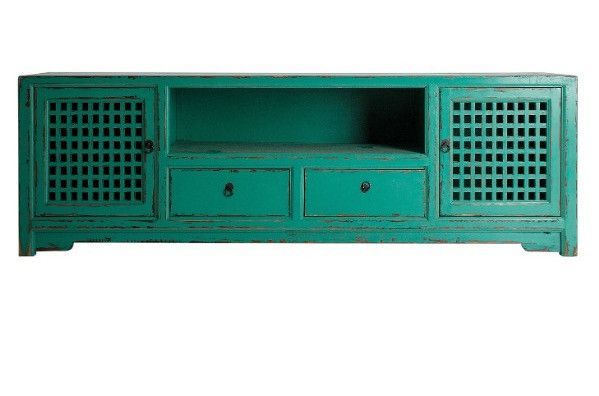 Meuble TV 2 portes 2 tiroirs pin massif recyclé turquoise Arjun - Photo n°1