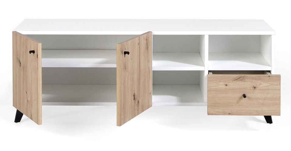 Meuble TV 2 portes 3 niches 1 tiroir en bois chêne clair et bois blanc Lazeto 140 cm - Photo n°3