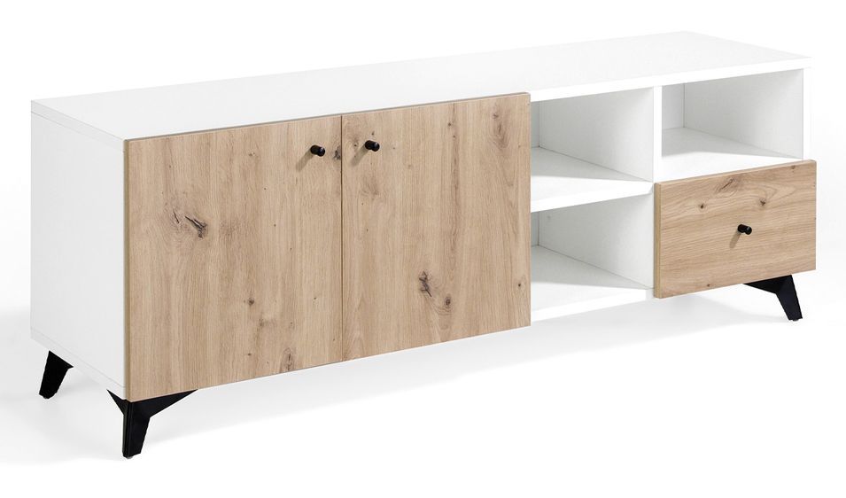 Meuble TV 2 portes 3 niches 1 tiroir en bois chêne clair et bois blanc Lazeto 140 cm - Photo n°4