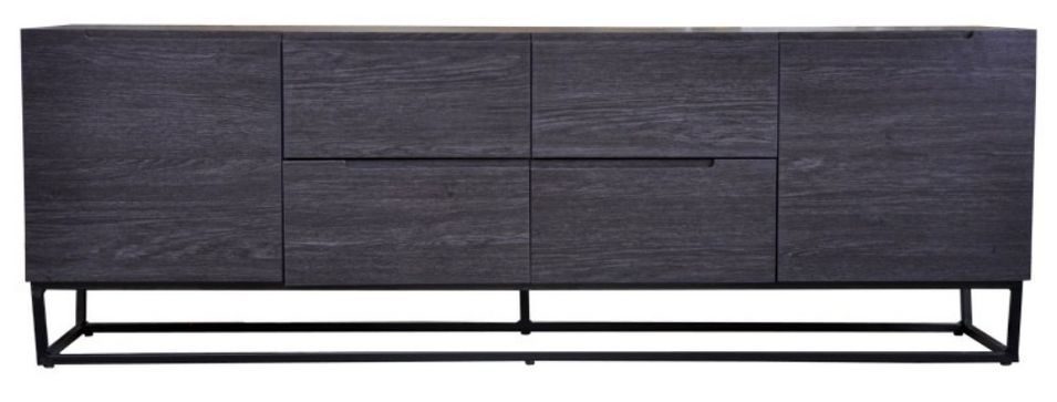 Meuble TV 2 portes 4 tiroirs bois gris foncé et pieds métal noir Logan - Photo n°1