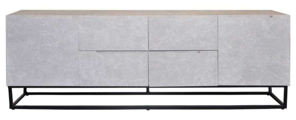 Meuble TV 2 portes 4 tiroirs bois laqué gris et pieds métal noir Logan - Photo n°1