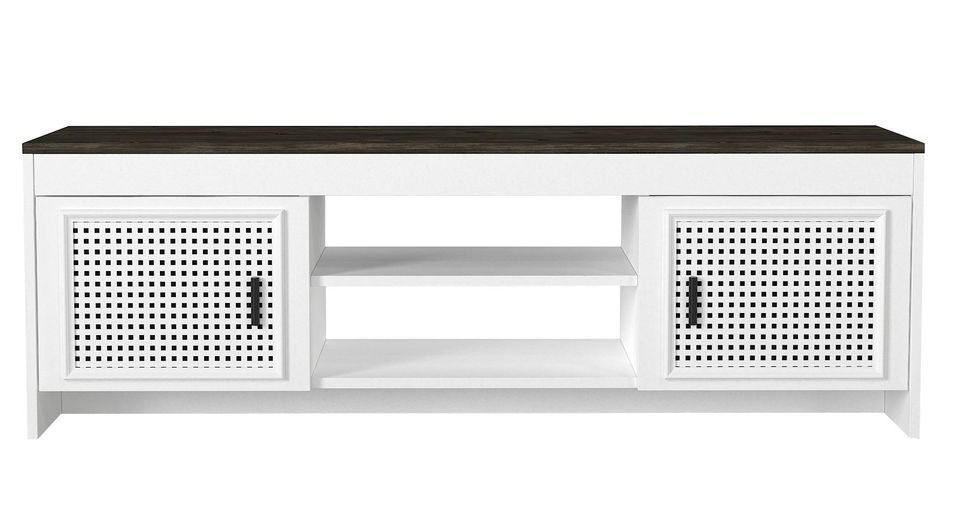 Meuble TV 2 portes ajourées bois blanc et marron Amorka 150 cm - Photo n°1