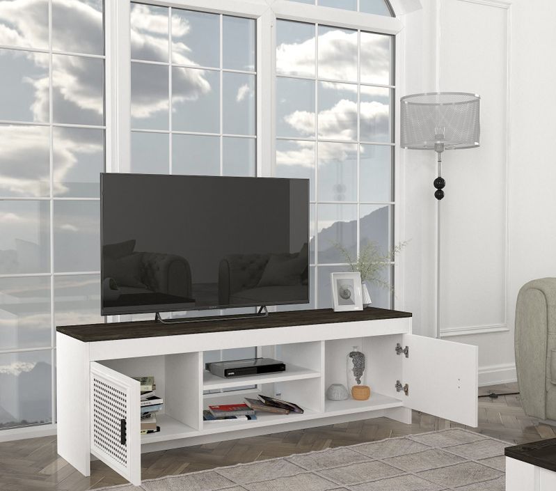 Meuble TV 2 portes ajourées bois blanc et marron Amorka 150 cm - Photo n°2