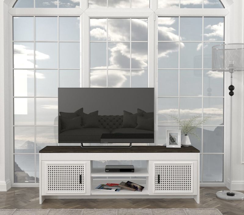 Meuble TV 2 portes ajourées bois blanc et marron Amorka 150 cm - Photo n°3