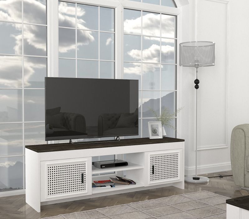 Meuble TV 2 portes ajourées bois blanc et marron Amorka 150 cm - Photo n°7