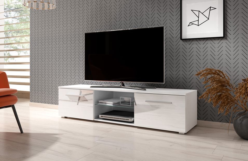Meuble TV 2 portes blanc et blanc laqué Roxel 140 cm - Photo n°3
