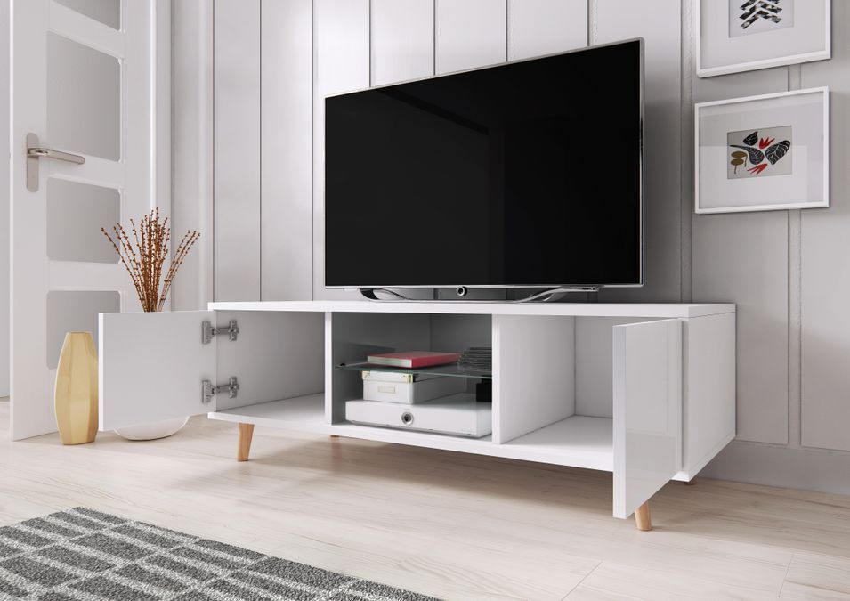 Meuble TV 2 portes blanc mat et gris laqué Kuzani 140 cm - Photo n°3