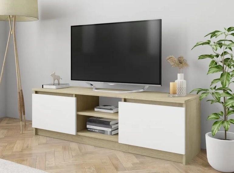Meuble TV 2 portes bois blanc et chêne clair Conan 120 cm - Photo n°2