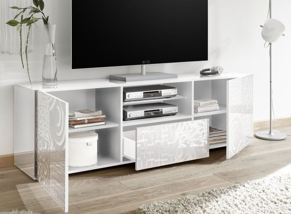 Meuble TV 2 portes bois laqué blanc brillant Zebre L 180 cm - Photo n°2
