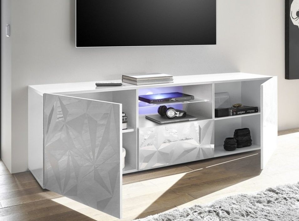 Meuble TV à LED 2 portes bois laqué blanc brillant Pagar L 180 cm - Photo n°3
