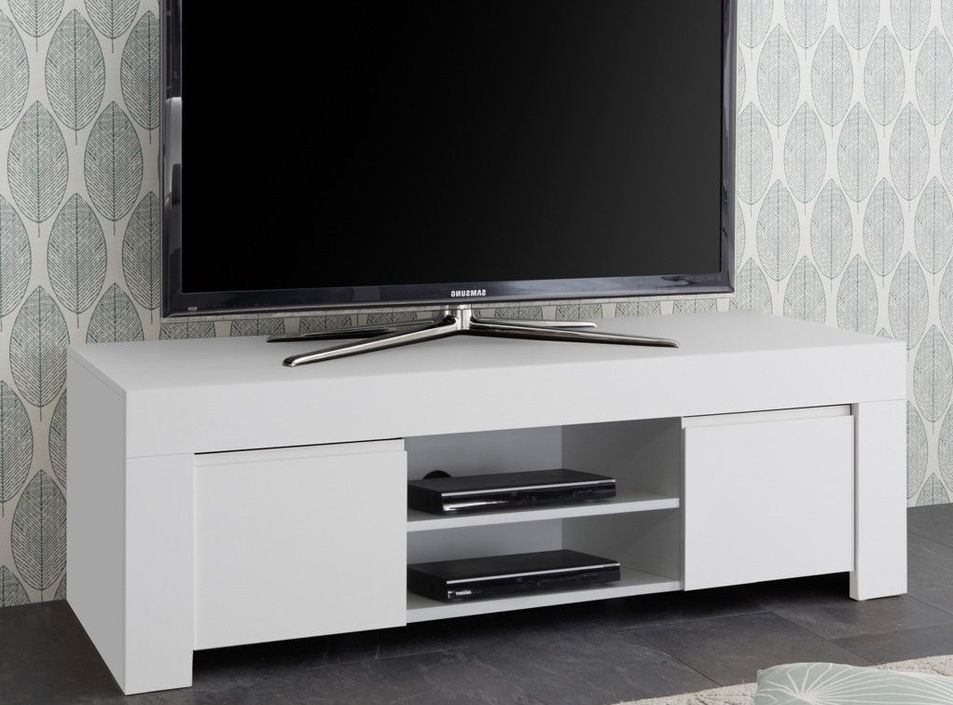 Meuble TV 2 portes bois laqué blanc mat Napan L 138 cm - Photo n°2