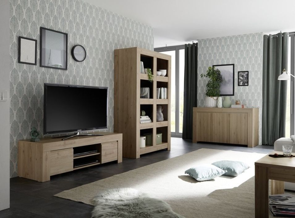 Meuble TV 2 portes bois mélaminé chêne clair Napan L 138 cm - Photo n°4