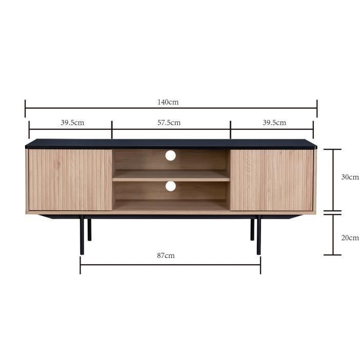 Meuble TV 2 portes - Décor bois et noir - L 140 x P 39 x H 53 - MEMPHIS - Photo n°4