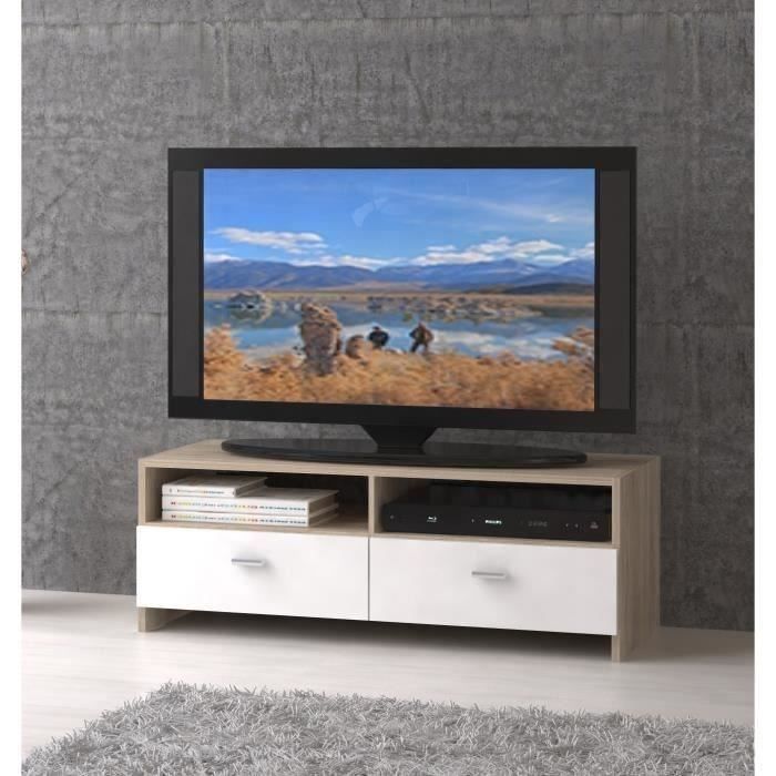 Meuble TV 2 tiroirs 2 niches bois blanc et chêne clair Basic - Photo n°2