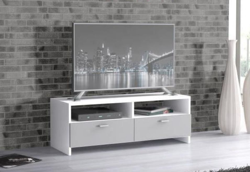 Meuble TV 2 tiroirs 2 niches bois blanc et gris Basic - Photo n°2