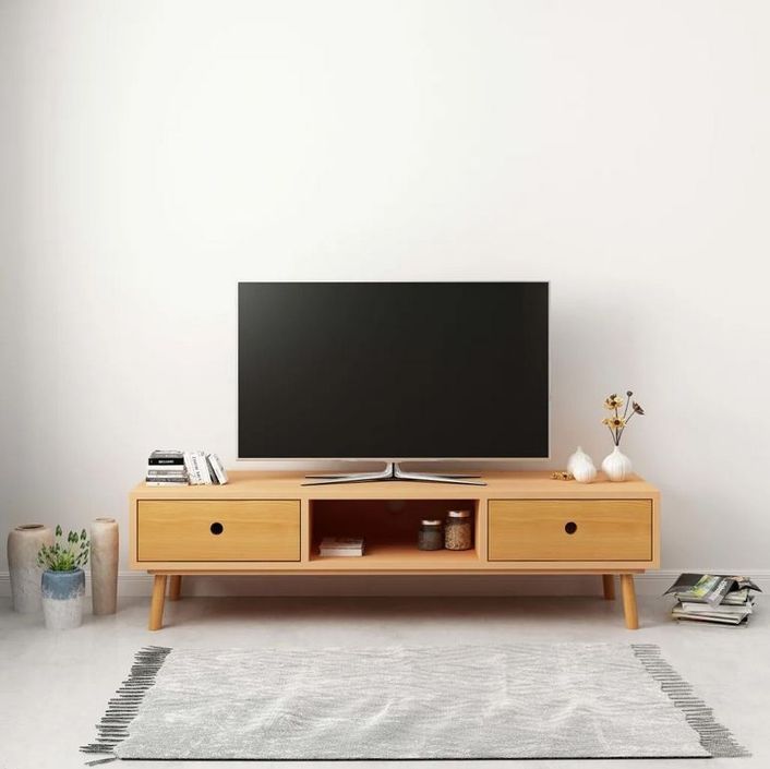 Meuble TV 2 tiroirs bois clair et pieds pin massif Joeb 120 cm - Photo n°4