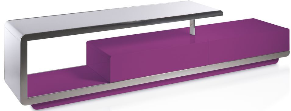 Meuble TV 2 tiroirs bois laqué violet et acier inoxydable Modena - Photo n°1