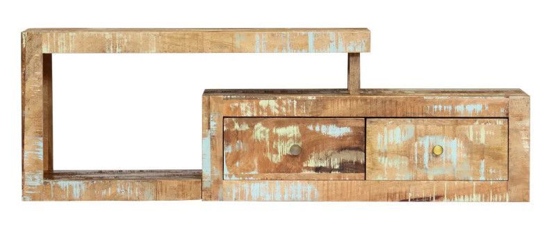 Meuble TV 2 tiroirs bois massif recyclé clair Bill - Photo n°2