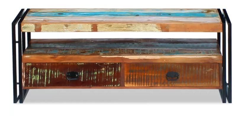 Meuble TV 2 tiroirs bois massif recyclé multicolore et métal noir Moust 120 cm - Photo n°2
