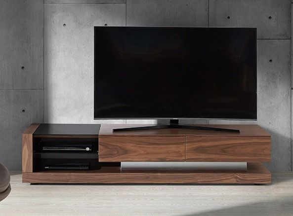 Meuble TV 2 tiroirs en bois noyer et verre teinté noir Vido 200 cm - Photo n°4