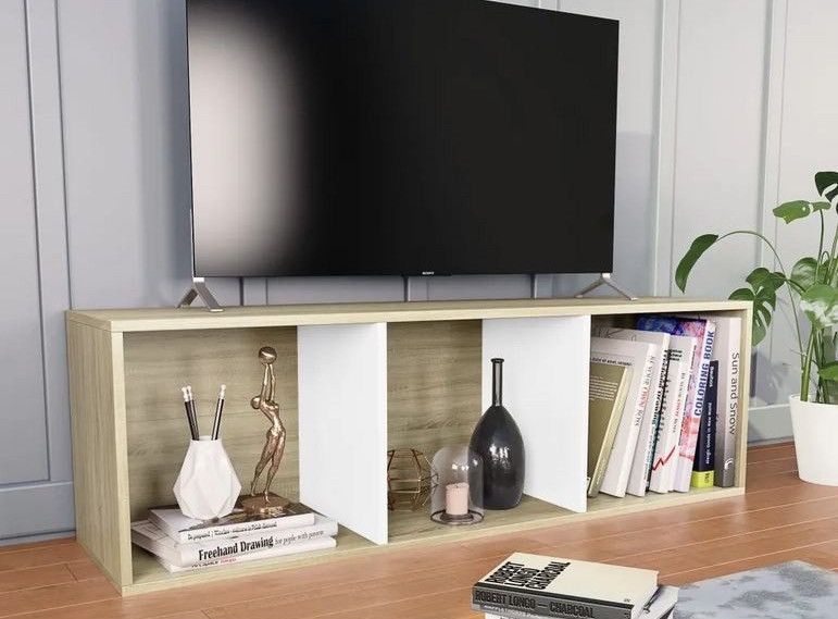 Meuble TV 3 niches bois blanc et chêne clair Membi 114 cm - Photo n°2