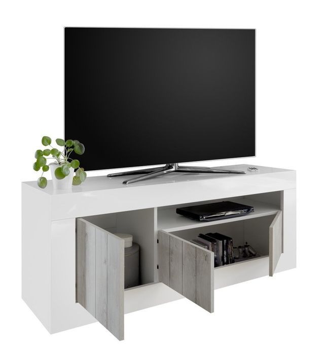 Meuble TV 3 portes laqué blanc brillant et pin gris Pilari L 138 cm - Photo n°2