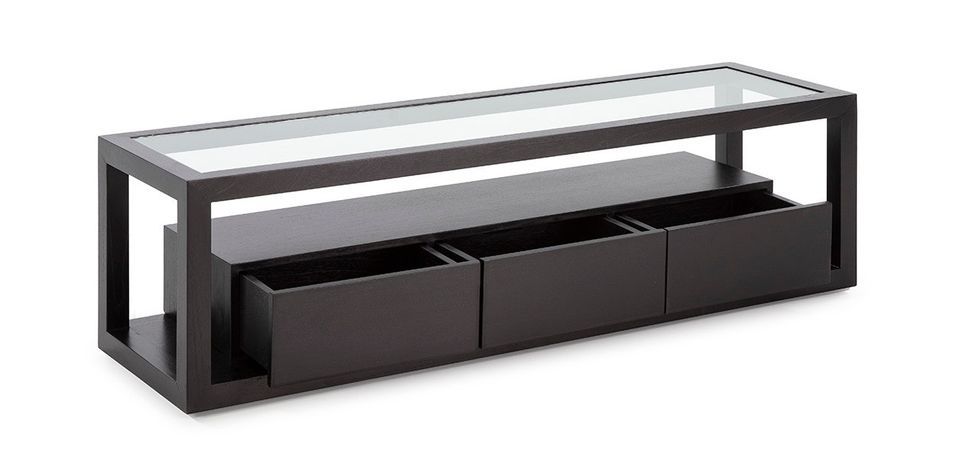 Meuble TV 3 tiroirs 1 niche bois noir et verre trempé 160 cm - Photo n°3