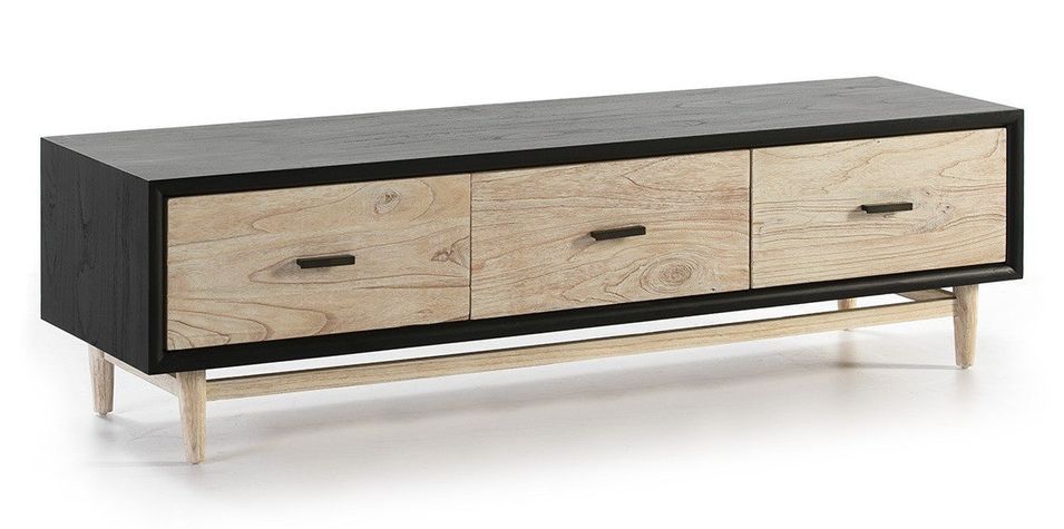 Meuble TV 3 tiroirs bois massif clair et noir 160 cm - Photo n°1