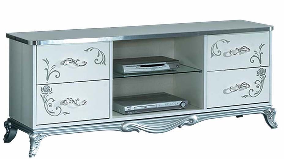 Meuble TV 4 tiroirs 2 niches bois laqué blanc et argent Dannie - Photo n°1
