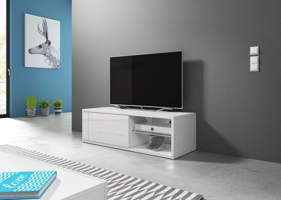 Meuble TV à Led 1 porte blanc et blanc laqué Alka 100 cm - Photo n°6