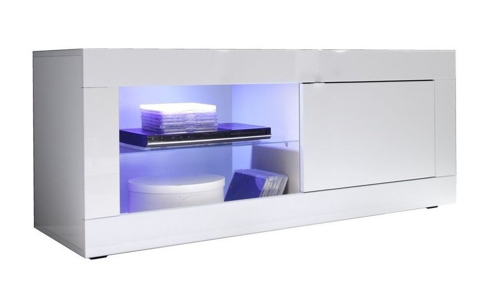 Meuble TV à LED 1 porte bois laqué blanc brillant Assic L 140 cm - Photo n°1