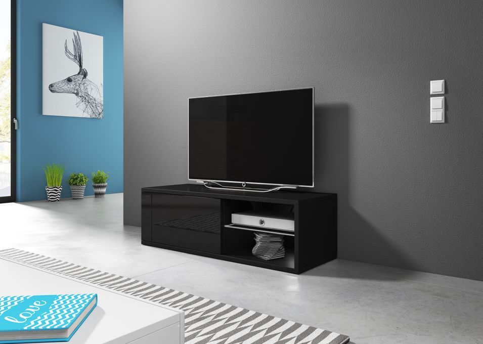 Meuble TV à Led 1 porte noir mat et noir laqué Alka 100 cm - Photo n°5