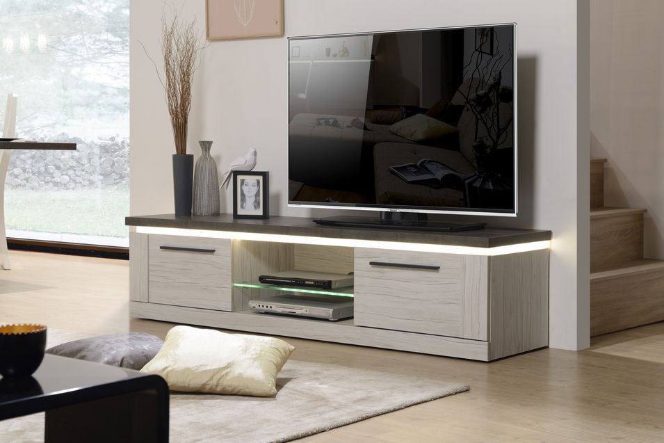 Meuble TV à LED 2 portes 2 niches bois chêne et béton Korm - Photo n°5