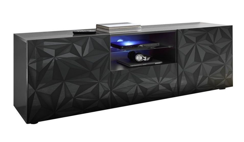 Meuble TV à LED 2 portes bois laqué anthracite brillant Pagar L 180 cm - Photo n°1
