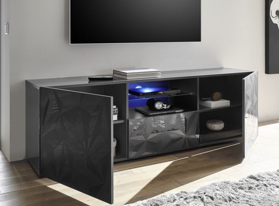 Meuble TV à LED 2 portes bois laqué anthracite brillant Pagar L 180 cm - Photo n°3