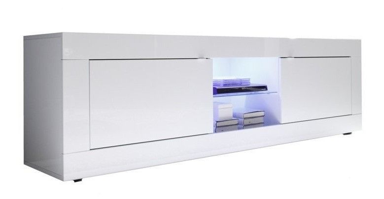 Meuble TV à LED 2 portes bois laqué blanc brillant Assic L 180 cm - Photo n°1