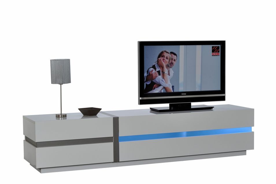 Meuble TV à LED 2 portes bois laqué blanc Kartz 220 cm - Photo n°4