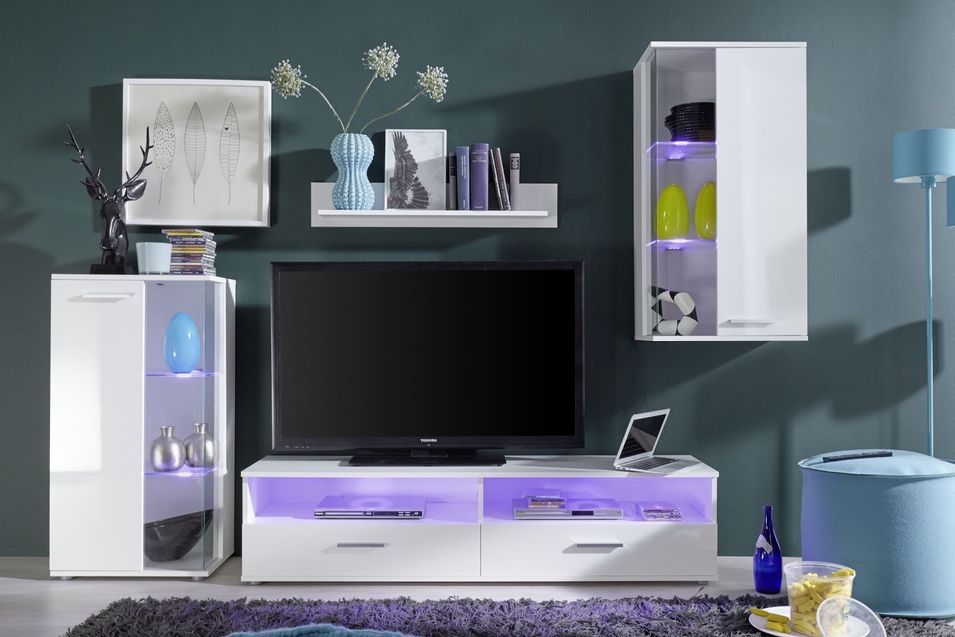 Meuble TV à LED 4 pièces bois laqué blanc Loungo - Photo n°1