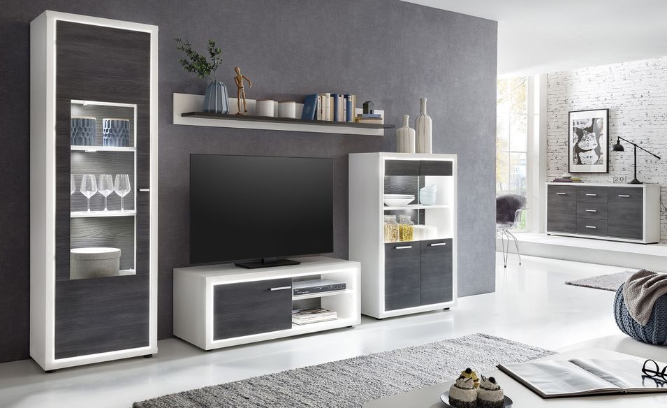 Meuble TV à LED 4 pièces bois mélaminé blanc et gris Garsa - Photo n°4