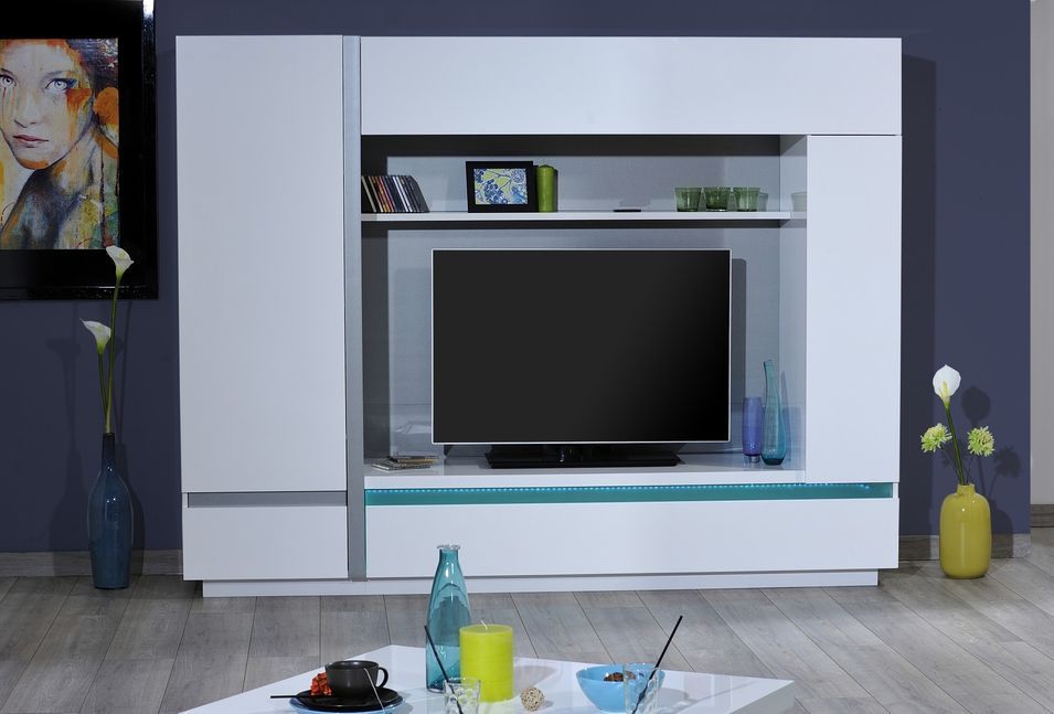 Meuble TV à LED 4 portes bois laqué blanc Kartz - Photo n°11