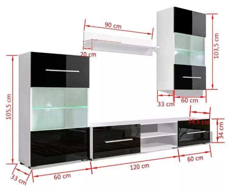 Meuble TV à LED 5 pièces bois noir et blanc Glamourous - Photo n°4