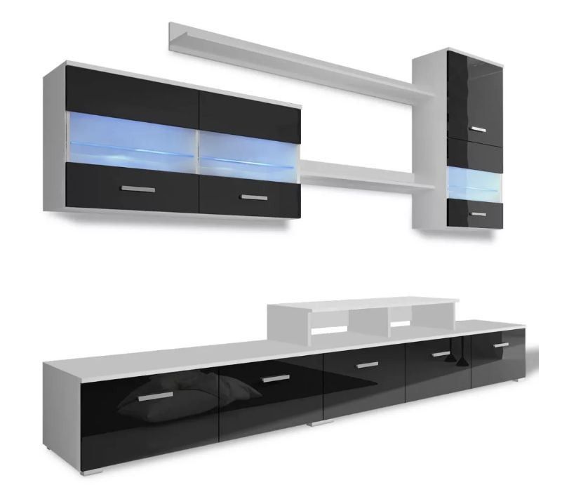 Meuble TV à LED 7 pièces bois blanc et noir brillant Glamourous - Photo n°2