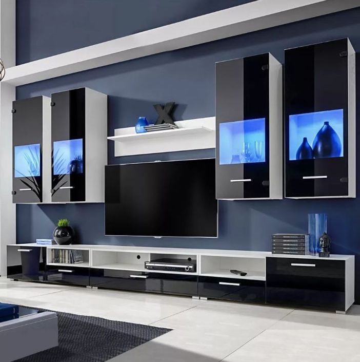 Meuble TV à LED 8 pièces bois blanc et noir Glamourous - Photo n°1