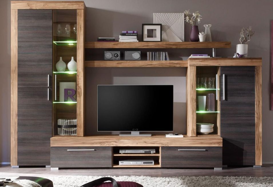 Meuble TV à LED bois chêne clair et noyer Bobya - Photo n°3