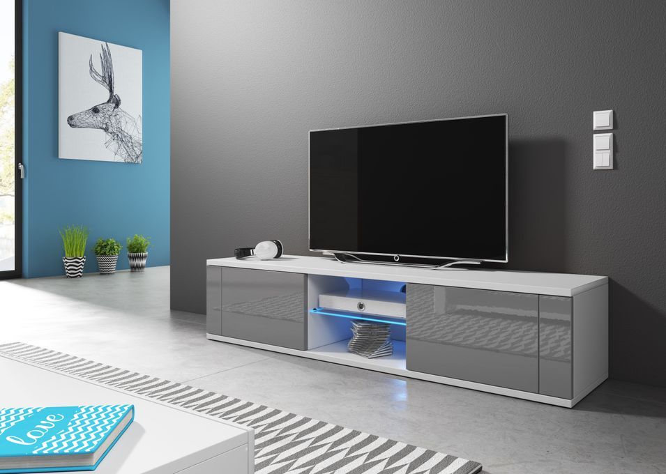 Meuble TV avec Led 2 portes blanc et gris brillant Kozira 140 cm - Photo n°4