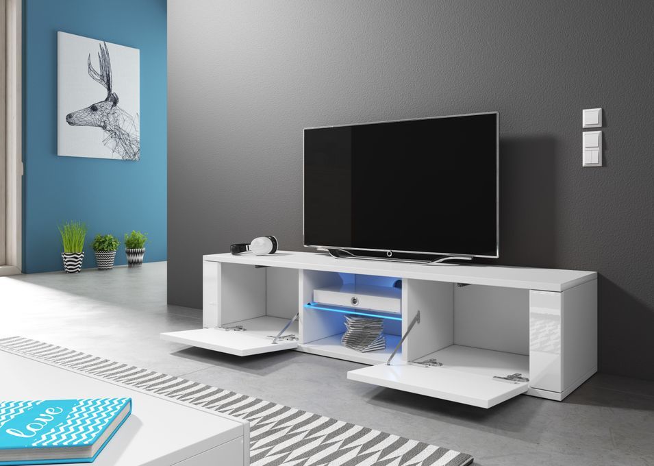 Meuble TV avec Led 2 portes blanc et gris brillant Kozira 140 cm - Photo n°5