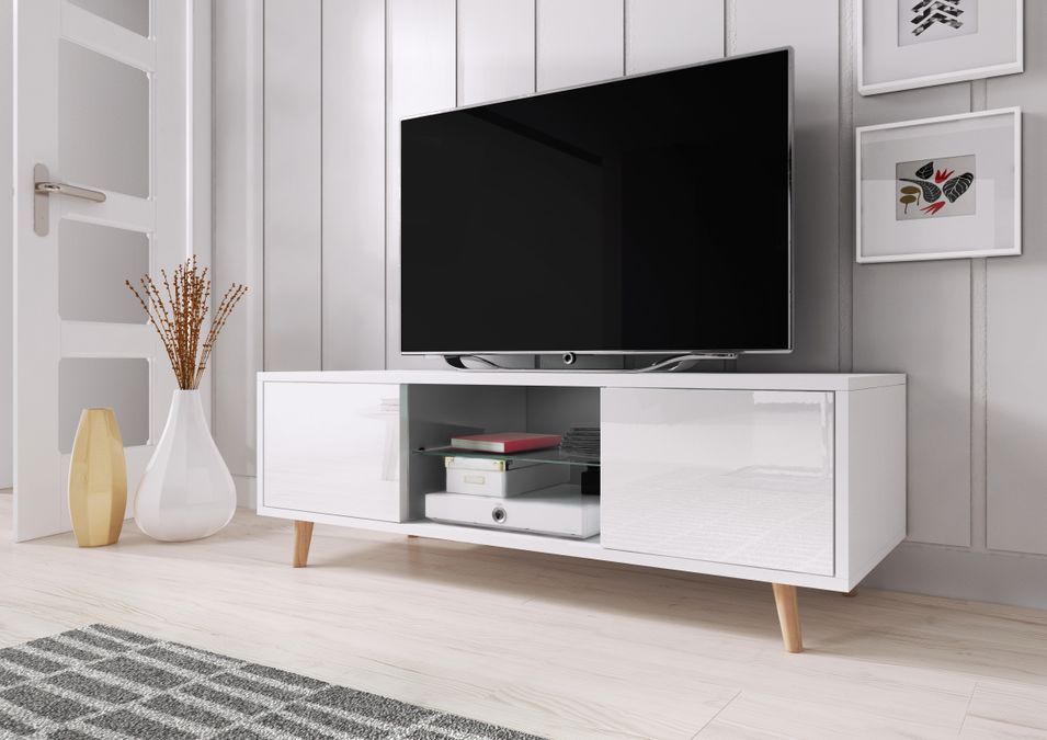 Meuble TV avec led 2 portes blanc mat et blanc laqué Kuzani 140 cm - Photo n°6