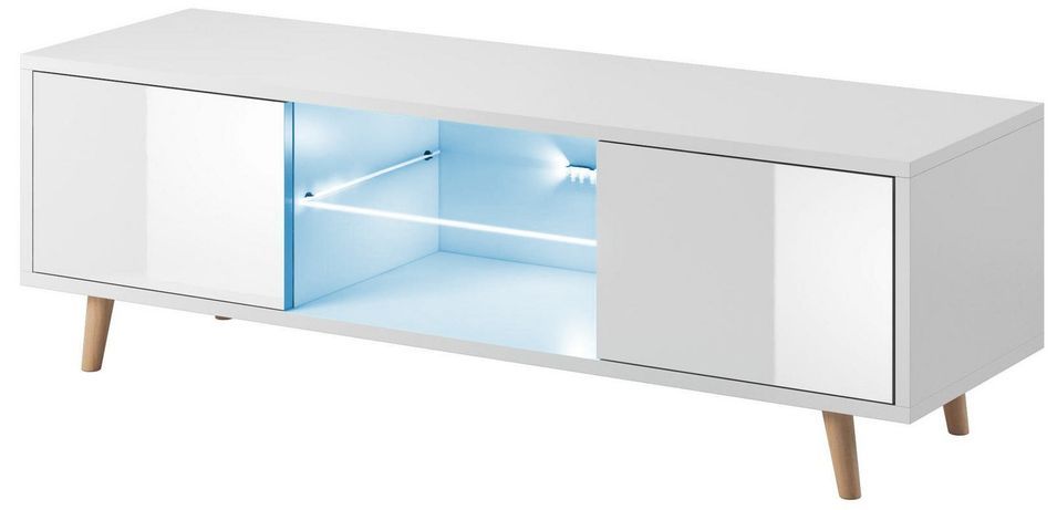 Meuble TV avec led 2 portes blanc mat et blanc laqué Kuzani 140 cm - Photo n°1